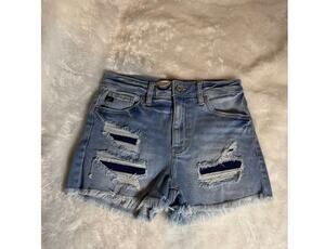 Kancan Patched Denim Shorts Blue Raw Hem Women's Size Medium
